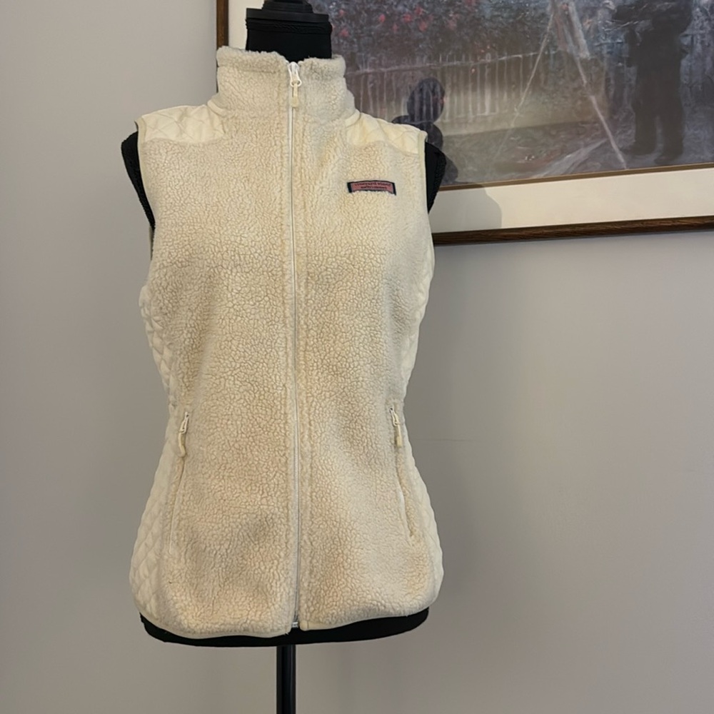 Vineyard Vines Sea View Sherpa Quilted Vest Womens XS Ivory White Full Zip